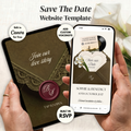 Olive Green & Burgundy Save the Date Website Template Canva | Digital Wedding Website with Voice Note + RSVP | Lace Envelope