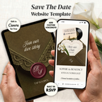 Olive Green & Burgundy Save the Date Website Template Canva | Digital Wedding Website with Voice Note + RSVP | Lace Envelope