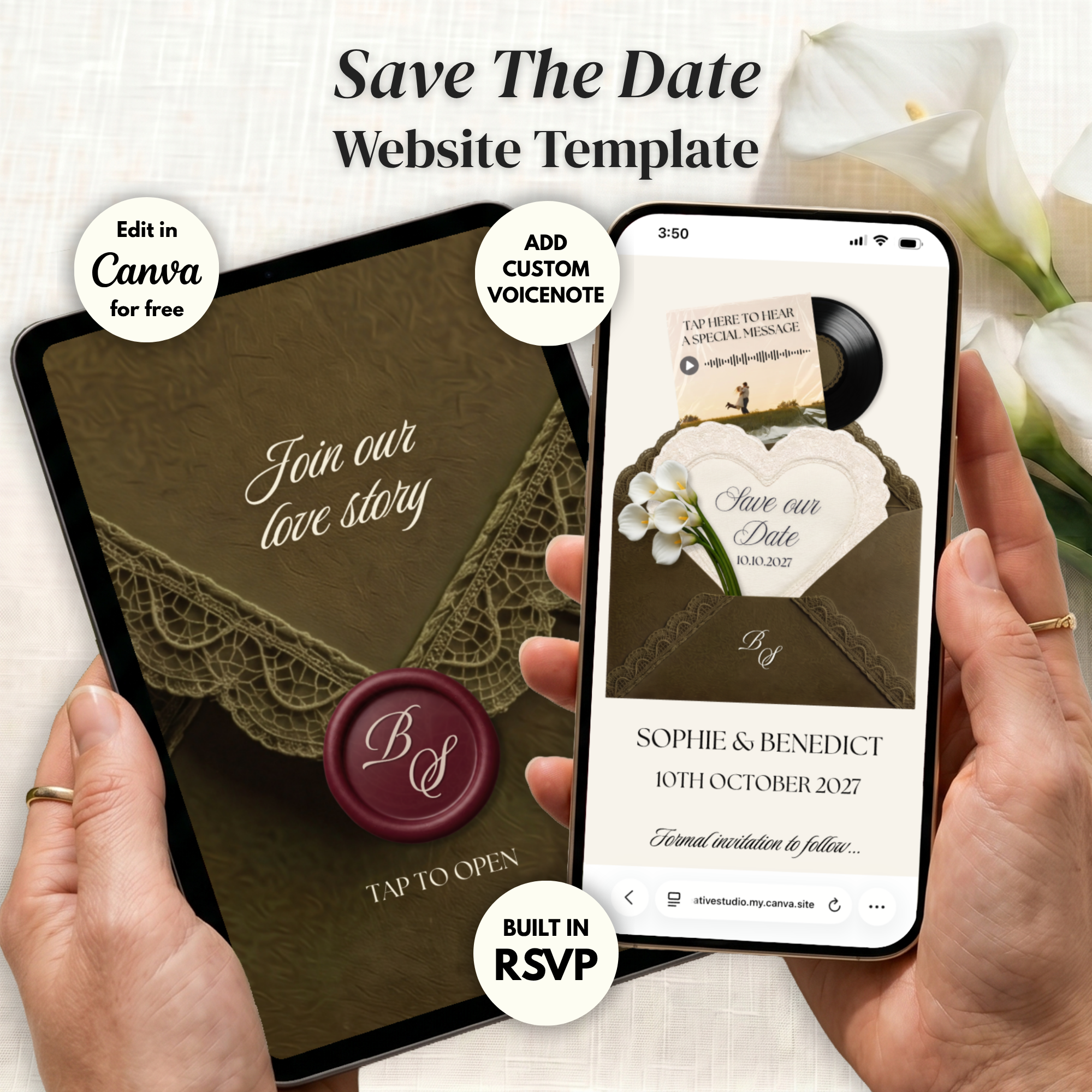 Olive Green & Burgundy Save the Date Website Template Canva | Digital Wedding Website with Voice Note + RSVP | Lace Envelope