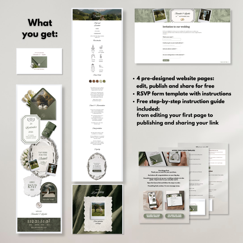 Sage Green White Floral Wedding Website Template with RSVP | Editable Canva Web Template | Old Money Digital Invitation & Save the Date