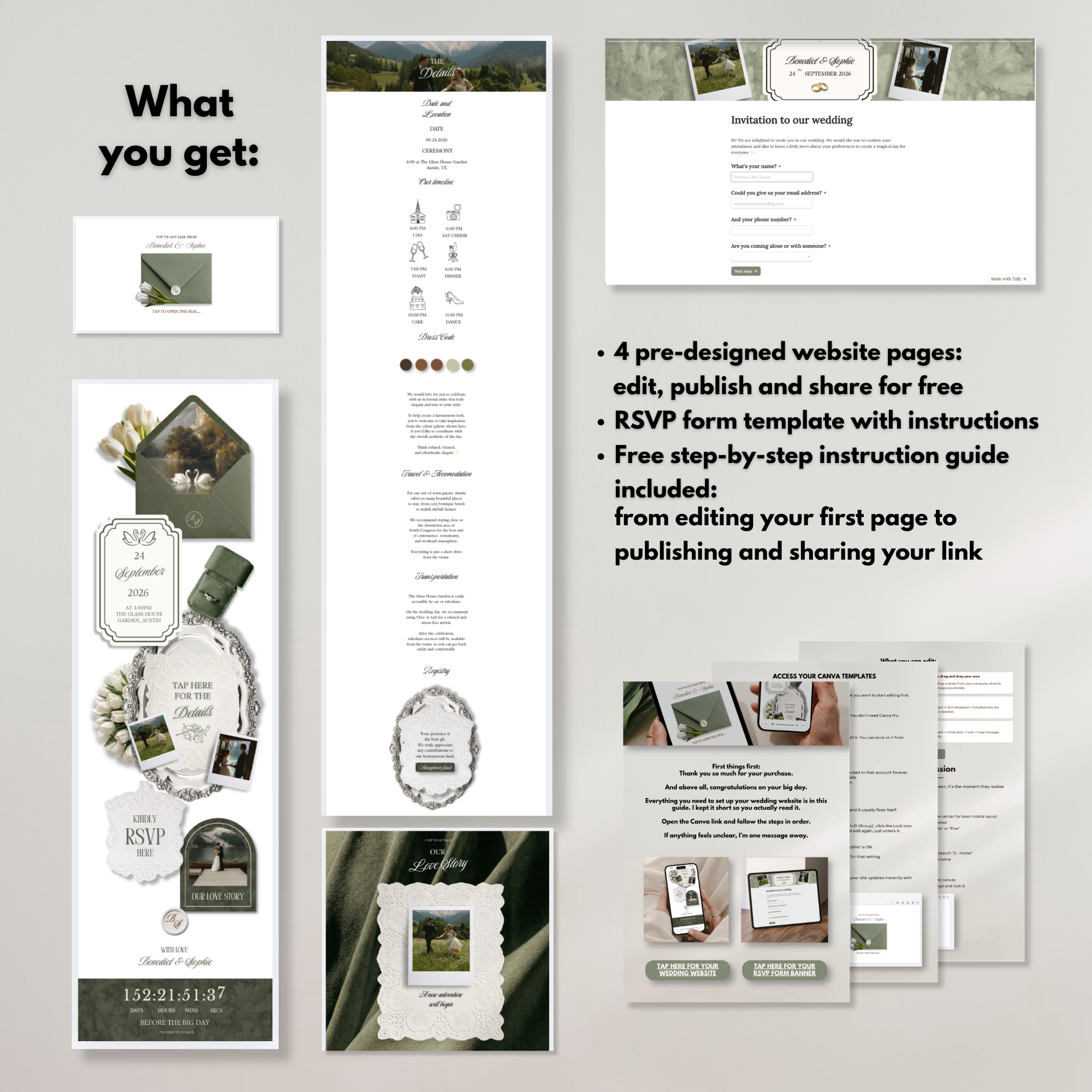 Sage Green White Floral Wedding Website Template with RSVP | Editable Canva Web Template | Old Money Digital Invitation & Save the Date