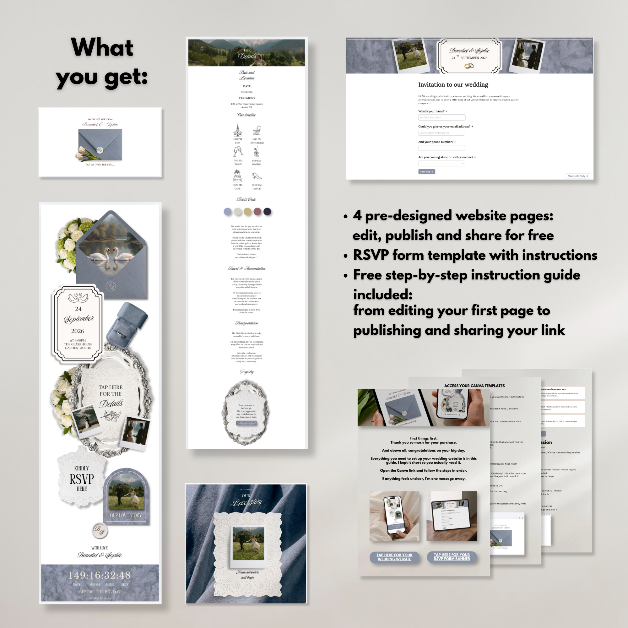 Dusty Blue Wedding Website Template with RSVP | Editable Canva Web Template | Old Money Digital Invitation & Save the Date