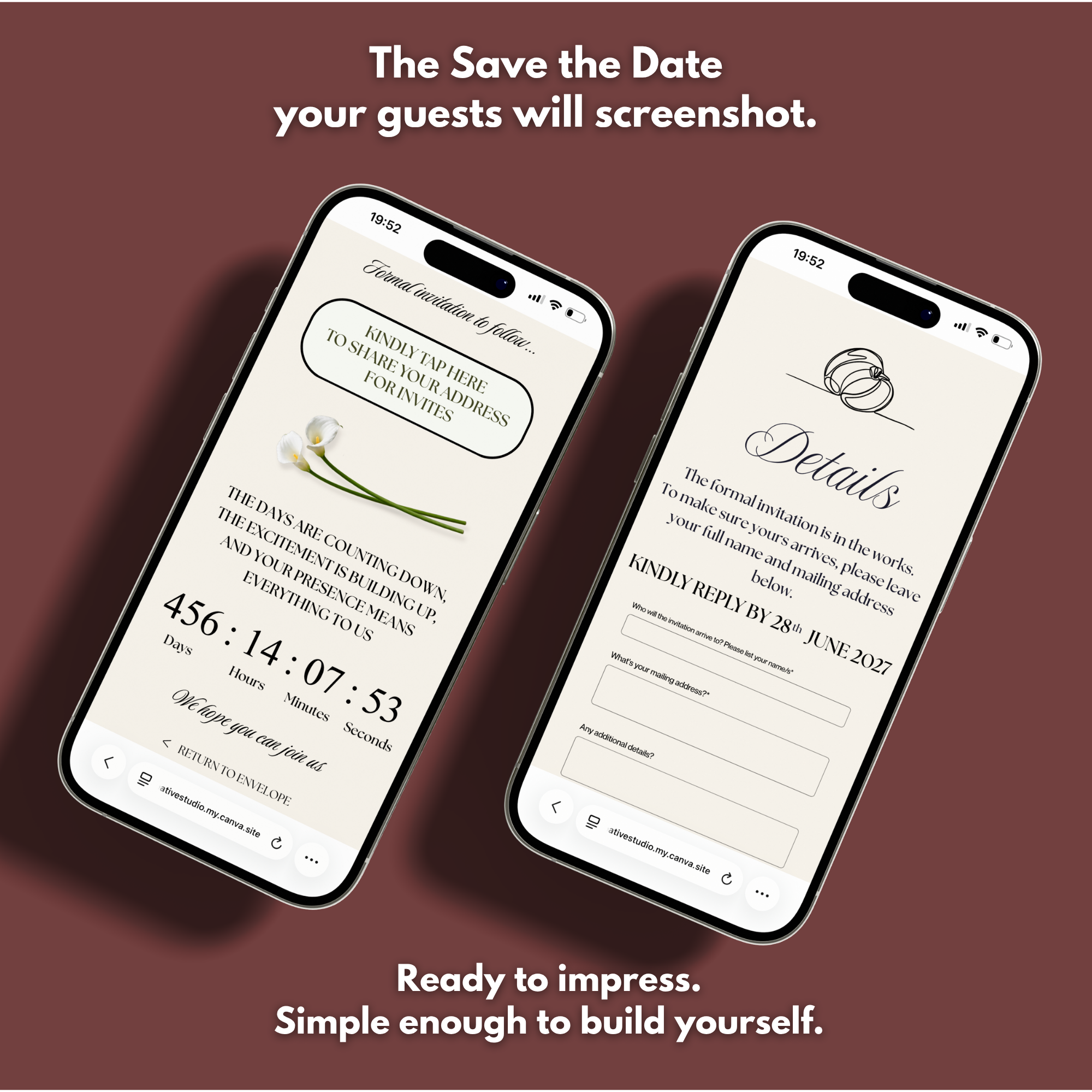 Burgundy Ivory Save the Date Website Template Canva | Digital Wedding Website with Voice Note + RSVP | Lace Envelope