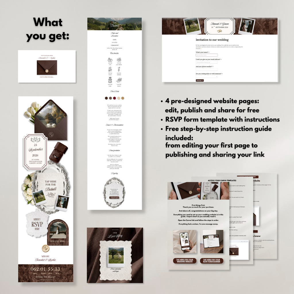 Brown & Ivory Floral Wedding Website Template with RSVP | Editable Canva Web Template | Old Money Digital Invitation Save the Date