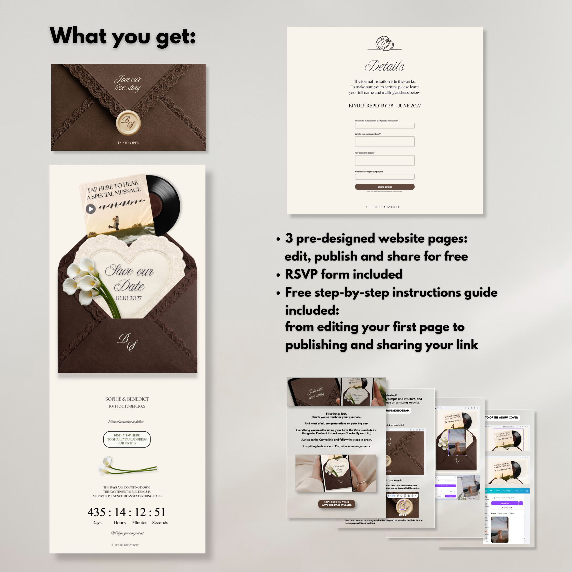 Brown Save the Date Website Template Canva | Digital Wedding Website with Voice Note + RSVP | Lace Envelope