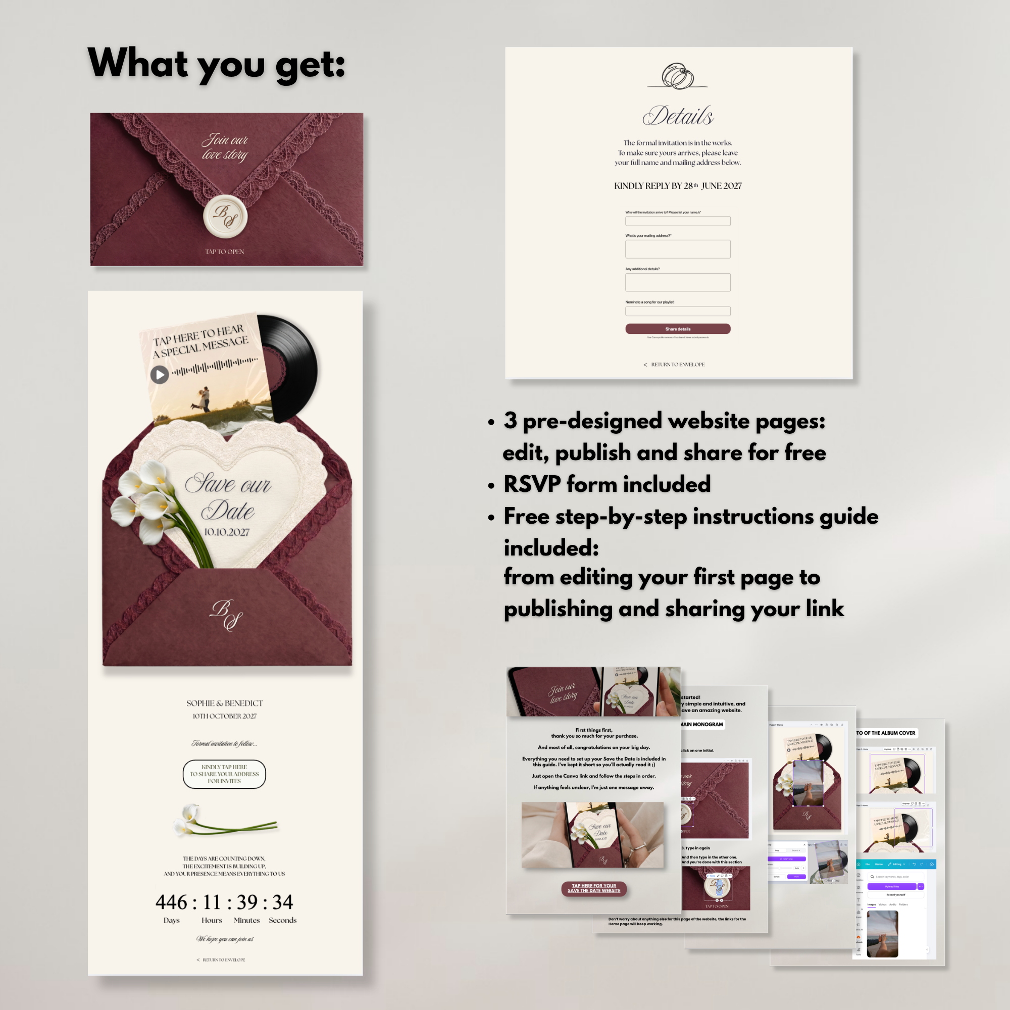 Burgundy Ivory Save the Date Website Template Canva | Digital Wedding Website with Voice Note + RSVP | Lace Envelope