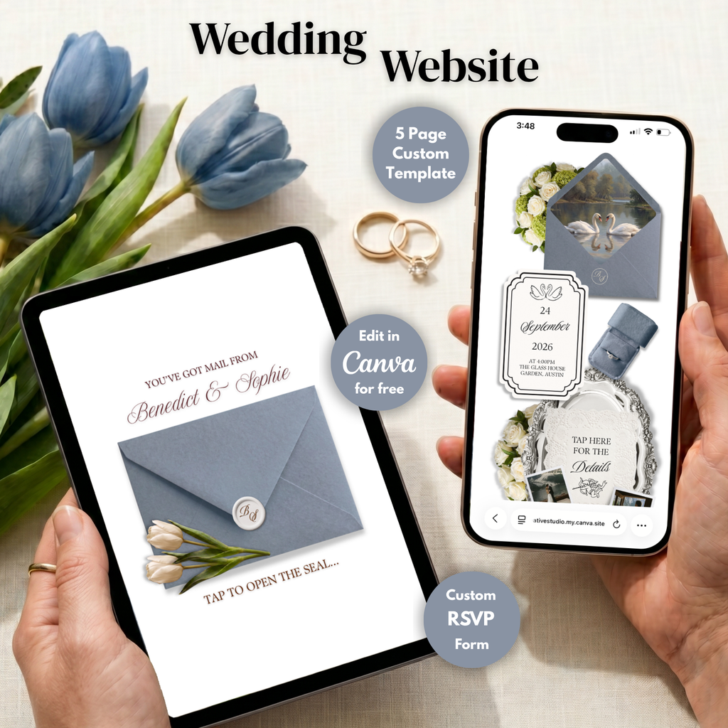 Dusty Blue Wedding Website Template with RSVP | Editable Canva Web Template | Old Money Digital Invitation & Save the Date
