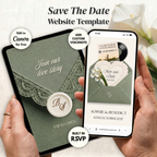 Plantilla Web Verde Salvia Guarda la Fecha Canva | Web de Boda Digital con Nota de Voz + RSVP | Sobre de Encaje