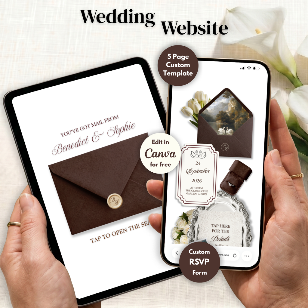 Brown & Ivory Floral Wedding Website Template with RSVP | Editable Canva Web Template | Old Money Digital Invitation Save the Date