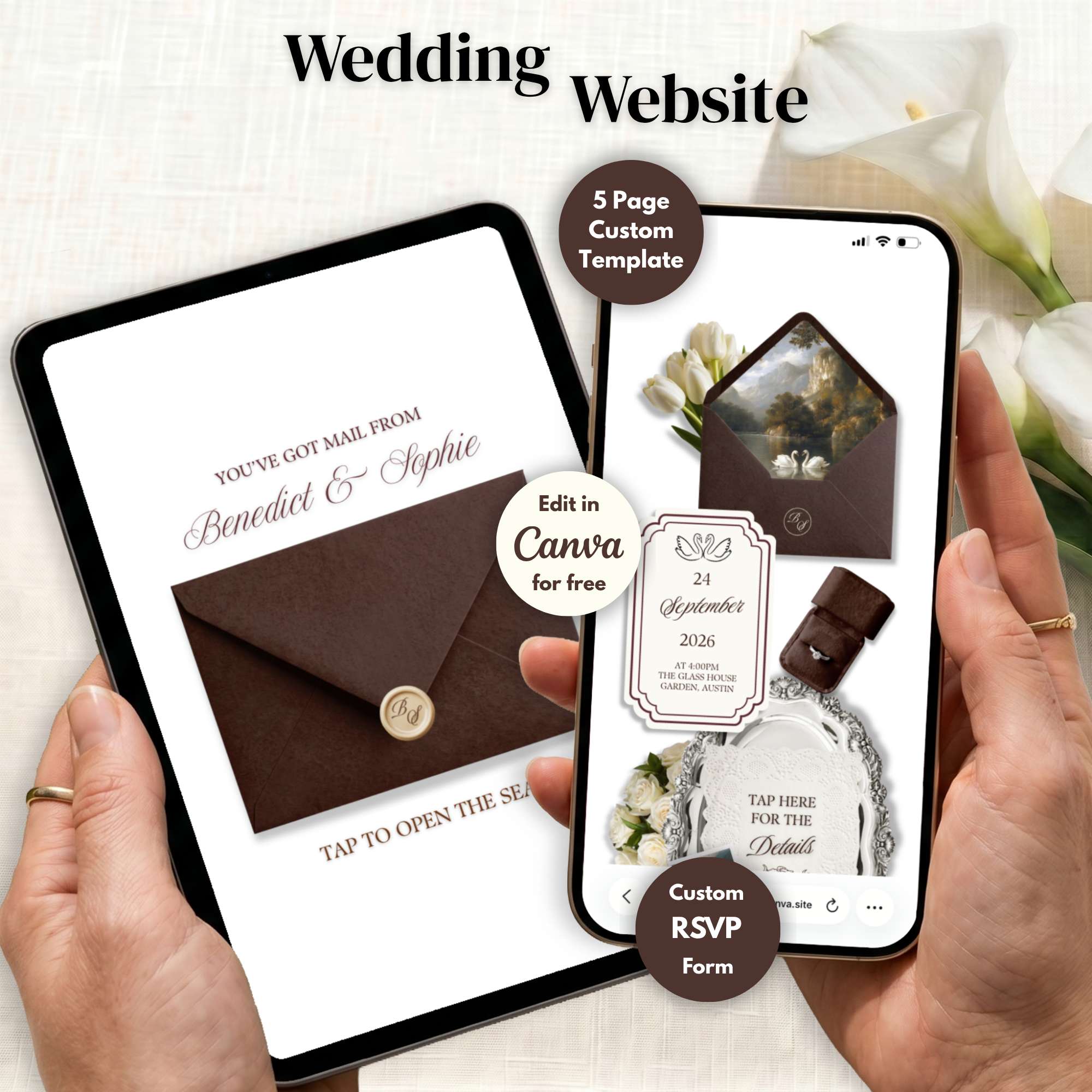 Brown & Ivory Floral Wedding Website Template with RSVP | Editable Canva Web Template | Old Money Digital Invitation Save the Date