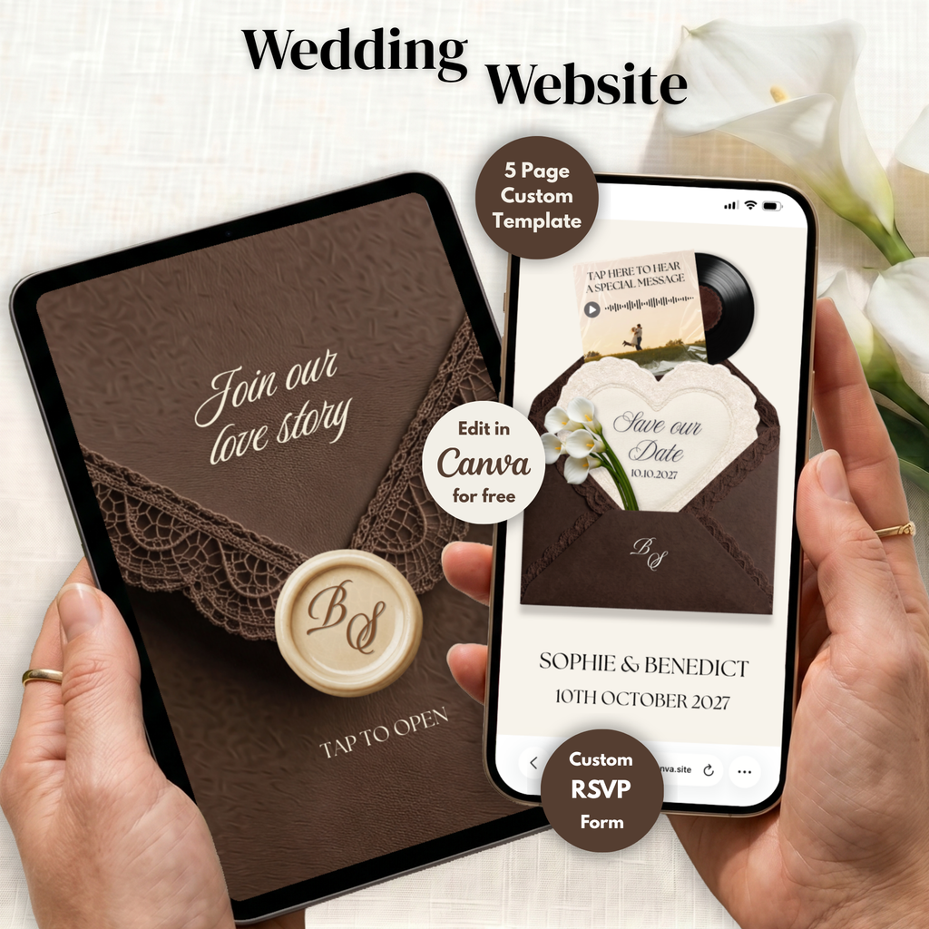 Brown Save the Date Website Template Canva | Digital Wedding Website with Voice Note + RSVP | Lace Envelope
