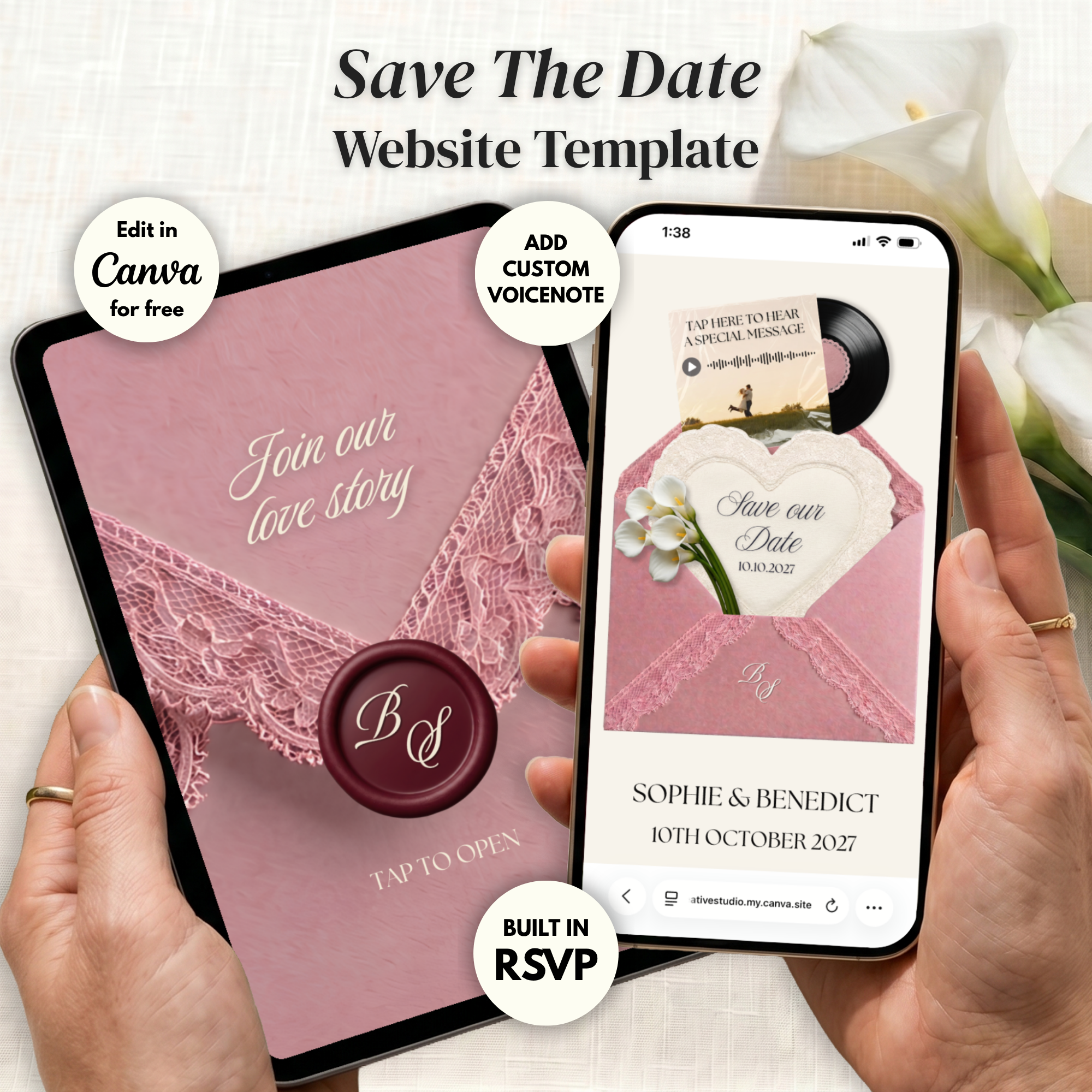 Dusty Pink Save the Date Website Template Canva | Digital Wedding Website with Voice Note + RSVP | Lace Envelope