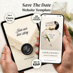 Plantilla de página web para guardar la fecha en Canva color Negro Marfil | Página web digital de boda con nota de voz + confirmación de asistencia | Sobre de encaje