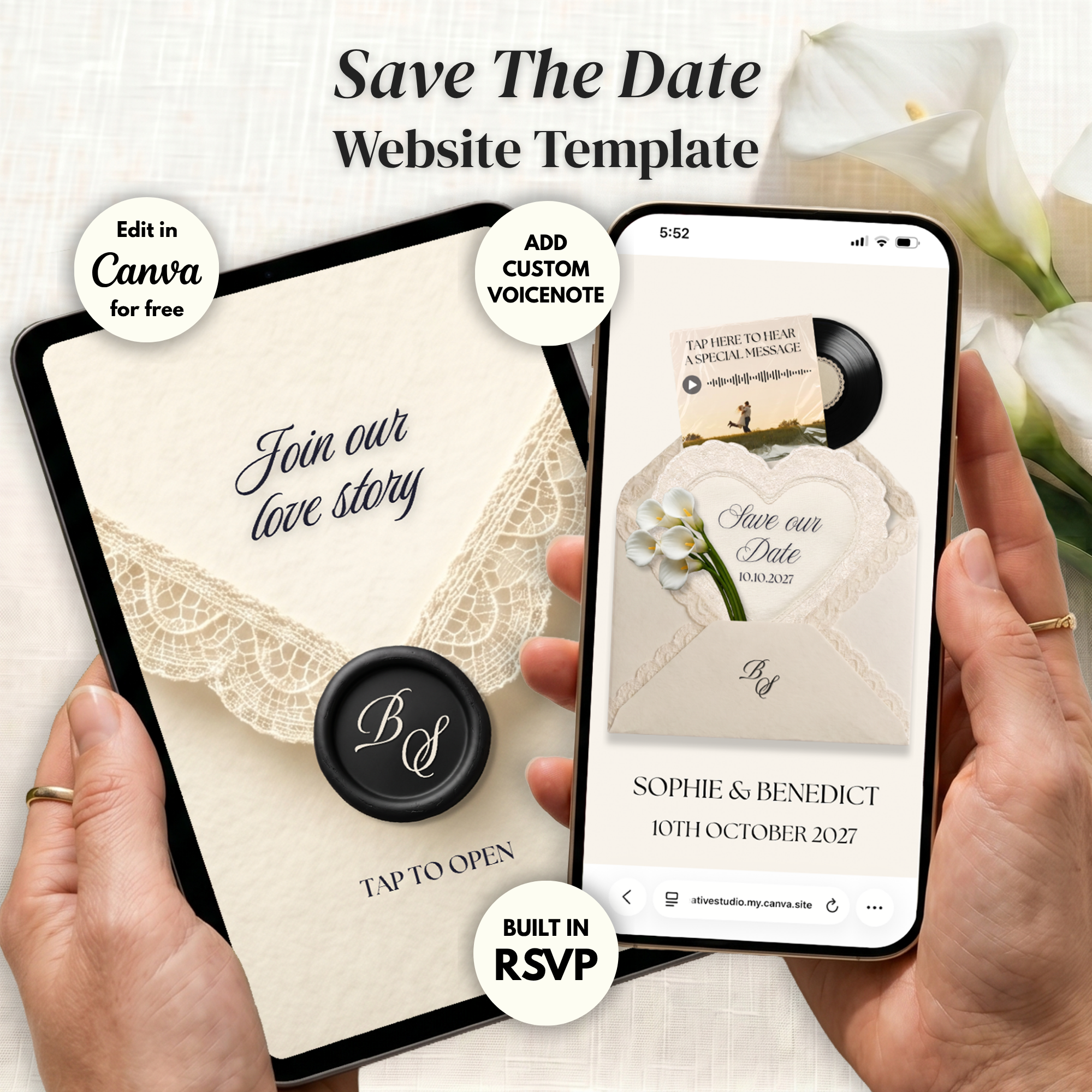 Ivory Black Save the Date Website Template Canva | Digital Wedding Website with Voice Note + RSVP | Lace Envelope