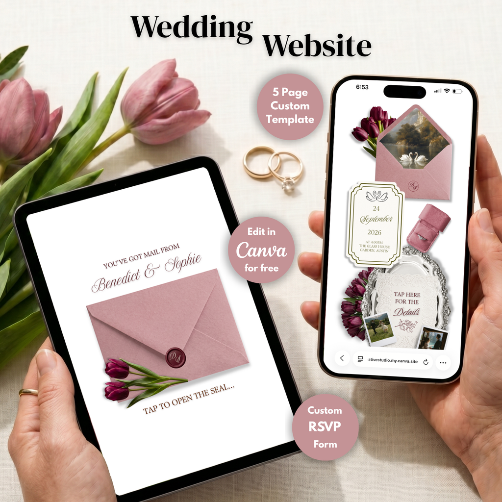 Burgundy, Green & Pink Floral Wedding Website Template with RSVP | Editable Canva Web Template | Old Money Digital Invitation Save the Date