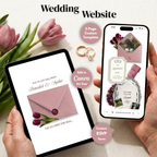 Plantilla de sitio web de boda floral borgoña, verde y rosa con RSVP | Plantilla web editable de Canva | Invitación digital Old Money para guardar la fecha