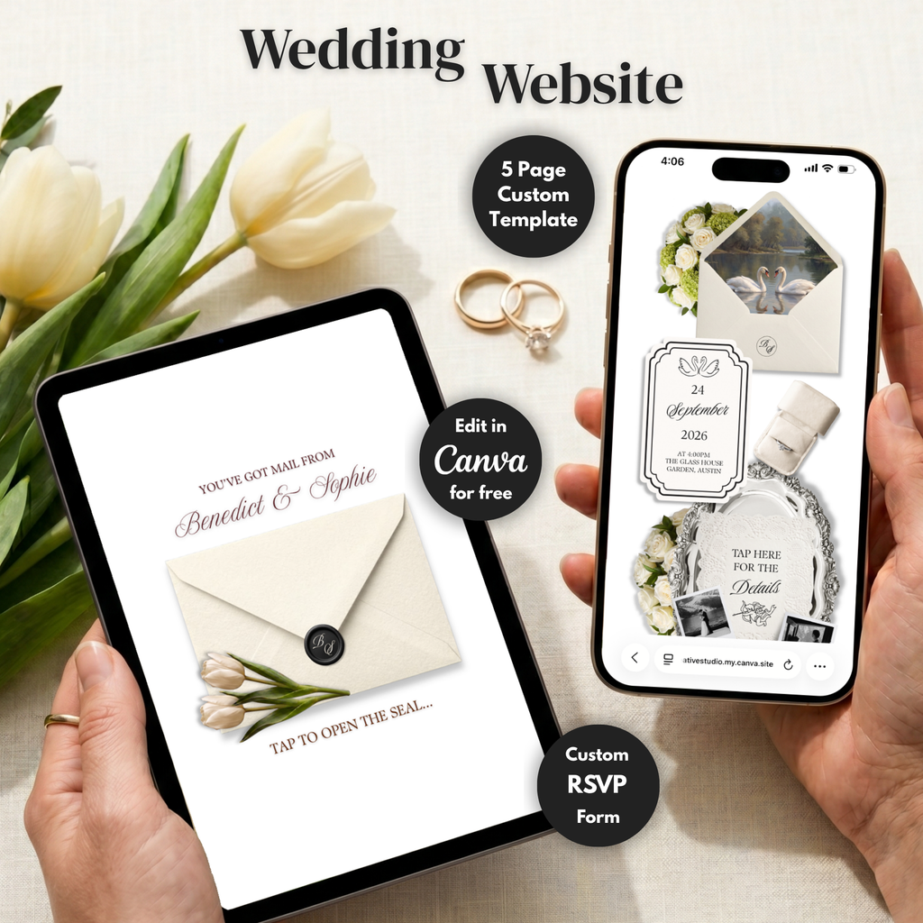 Ivory Black Green Burgundy Floral Wedding Website Template with RSVP | Canva Web Template | Old Money Digital Invitation & Save the Date