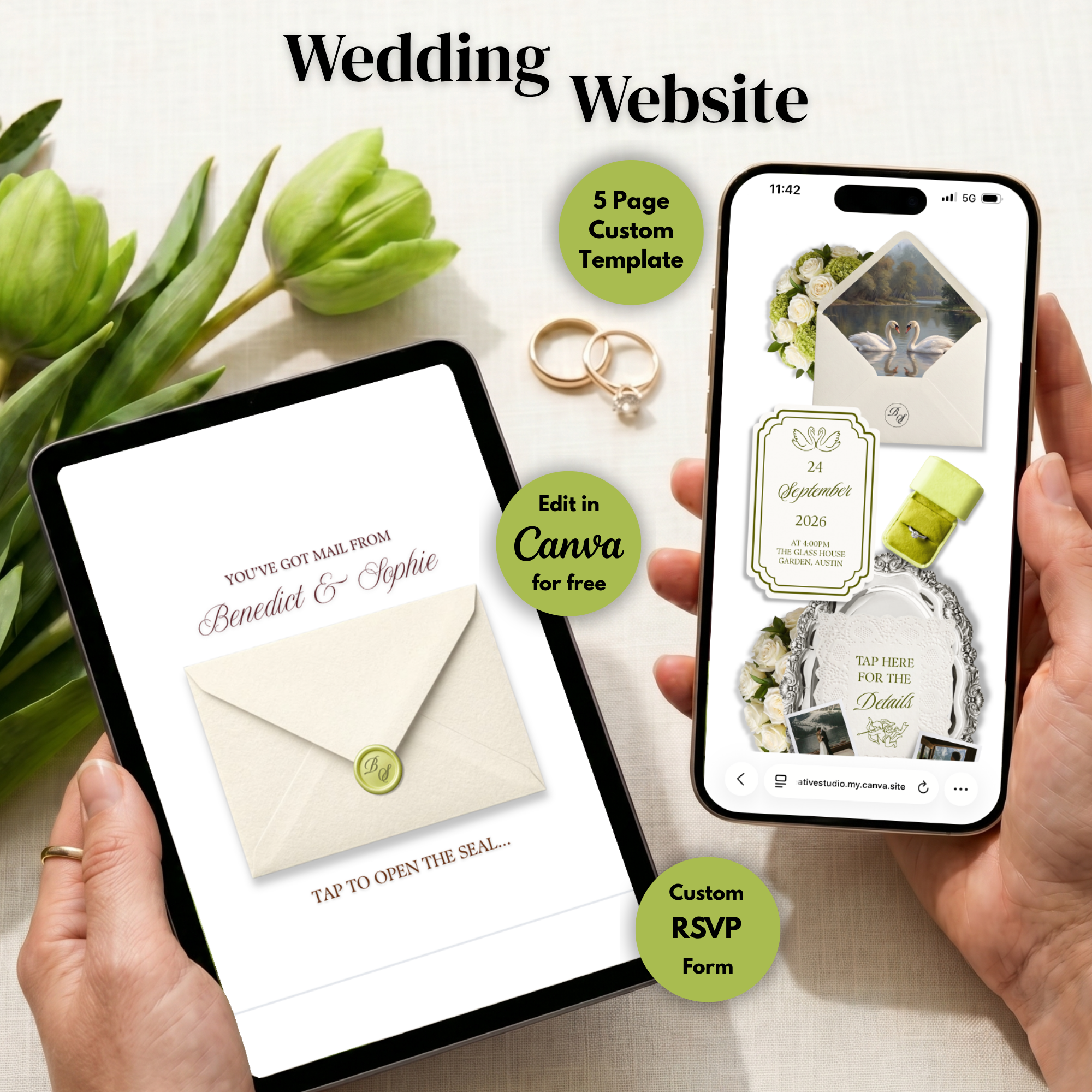 White and Green Floral Wedding Website Template with RSVP | Editable Canva Web Template | Old Money Digital Invitation & Save the Date