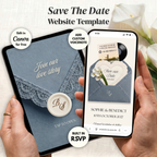 Plantilla para sitio web "Guarda la fecha" azul empolvado Canva | Sitio web de boda digital con nota de voz y confirmación de asistencia | Sobre de encaje