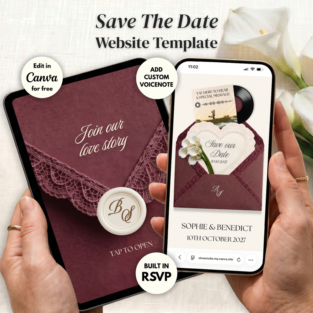 Burgundy Ivory Save the Date Website Template Canva | Digital Wedding Website with Voice Note + RSVP | Lace Envelope