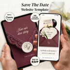 Plantilla Web de Guarda la Fecha Borgoña Marfil Canva | Web de Boda Digital con Nota de Voz + RSVP | Sobre de Encaje