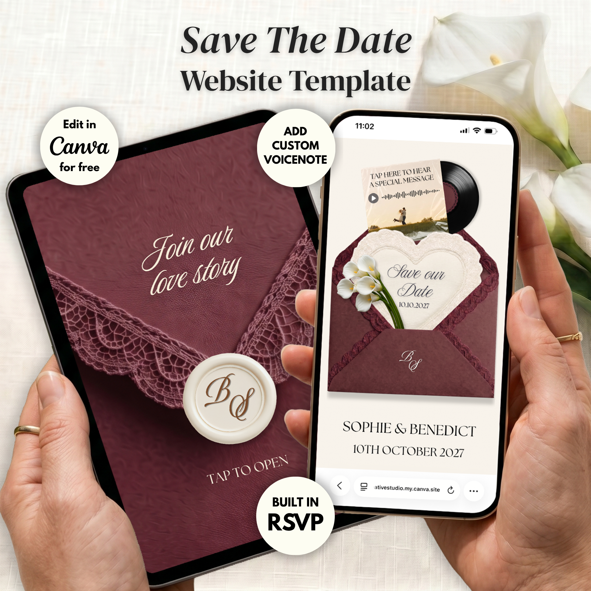 Burgundy Ivory Save the Date Website Template Canva | Digital Wedding Website with Voice Note + RSVP | Lace Envelope