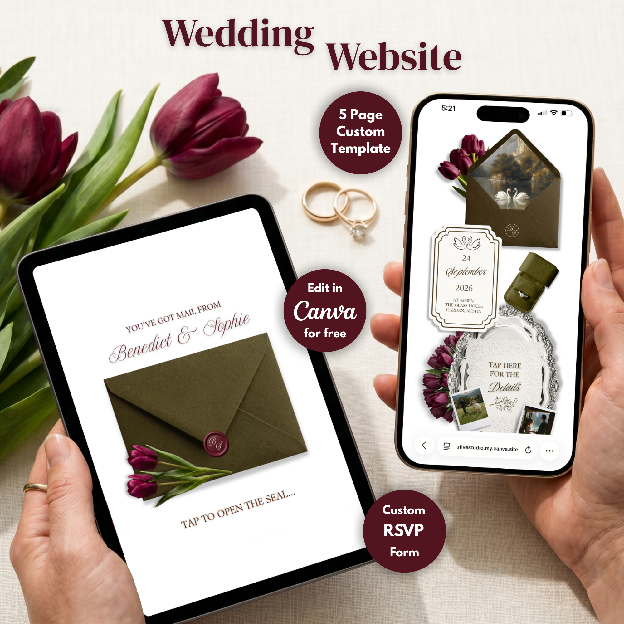 Olive Green Burgundy Floral Wedding Website Template with RSVP | Canva Web Template | Old Money Digital Invitation & Save the Date