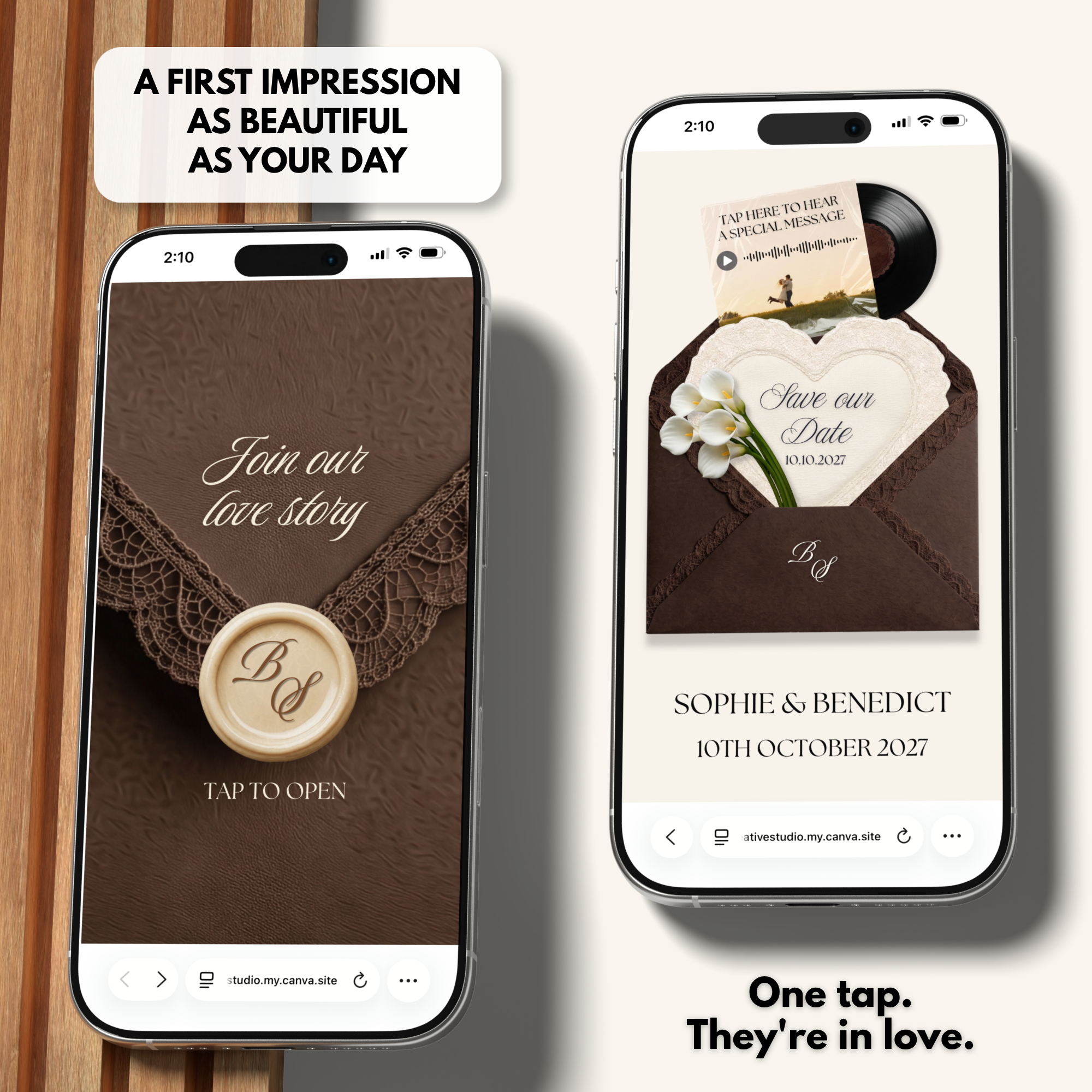 Brown Save the Date Website Template Canva | Digital Wedding Website with Voice Note + RSVP | Lace Envelope