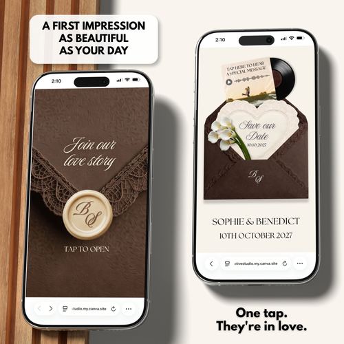 Brown Save the Date Website Template Canva | Digital Wedding Website with Voice Note + RSVP | Lace Envelope