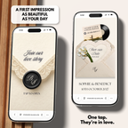 Plantilla de página web para guardar la fecha en Canva color Negro Marfil | Página web digital de boda con nota de voz + confirmación de asistencia | Sobre de encaje
