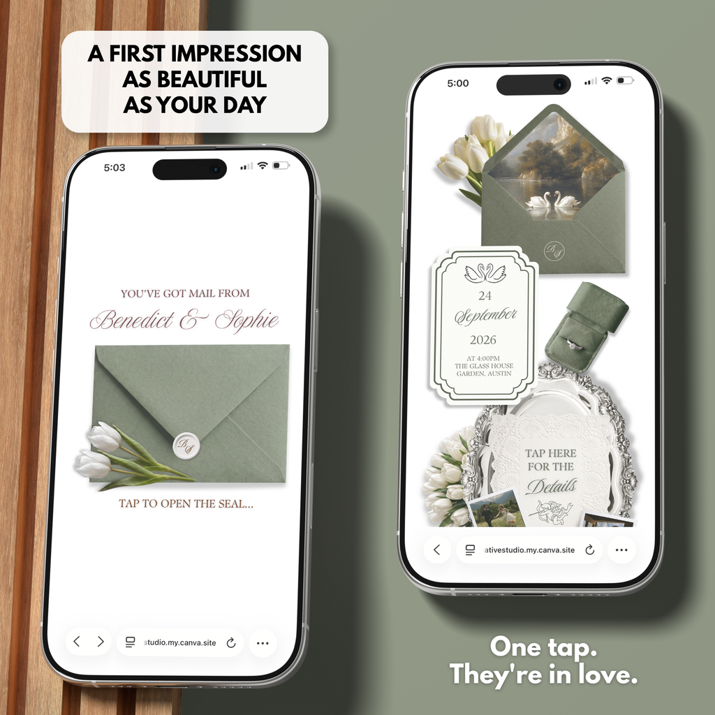 Sage Green White Floral Wedding Website Template with RSVP | Editable Canva Web Template | Old Money Digital Invitation & Save the Date