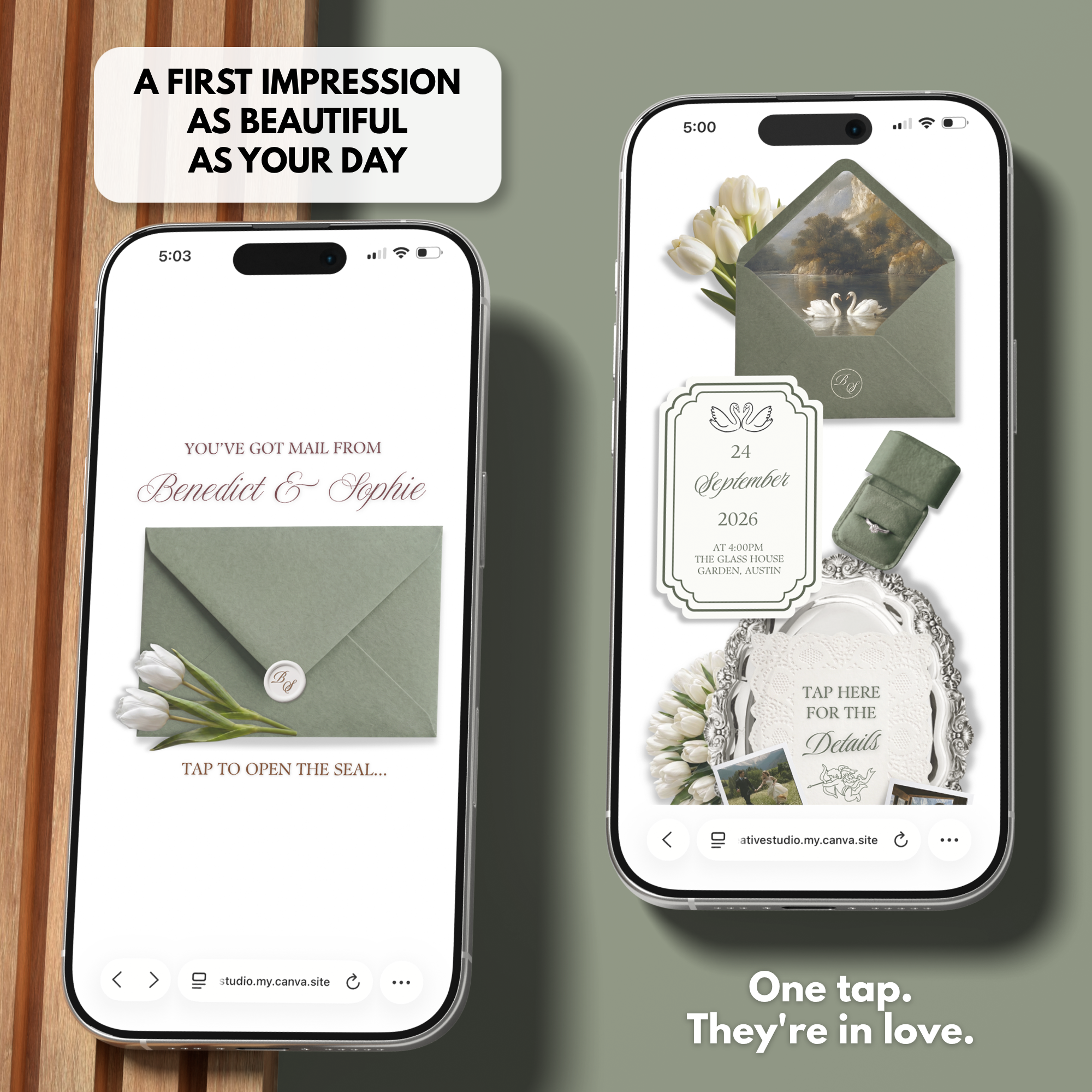 Sage Green White Floral Wedding Website Template with RSVP | Editable Canva Web Template | Old Money Digital Invitation & Save the Date