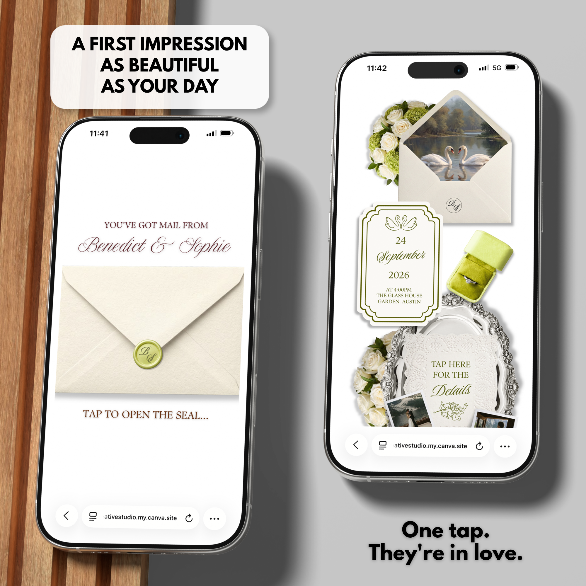 White and Green Floral Wedding Website Template with RSVP | Editable Canva Web Template | Old Money Digital Invitation & Save the Date