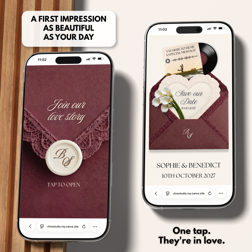 Burgundy Ivory Save the Date Website Template Canva | Digital Wedding Website with Voice Note + RSVP | Lace Envelope