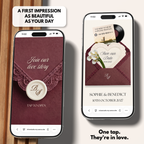 Plantilla Web de Guarda la Fecha Borgoña Marfil Canva | Web de Boda Digital con Nota de Voz + RSVP | Sobre de Encaje