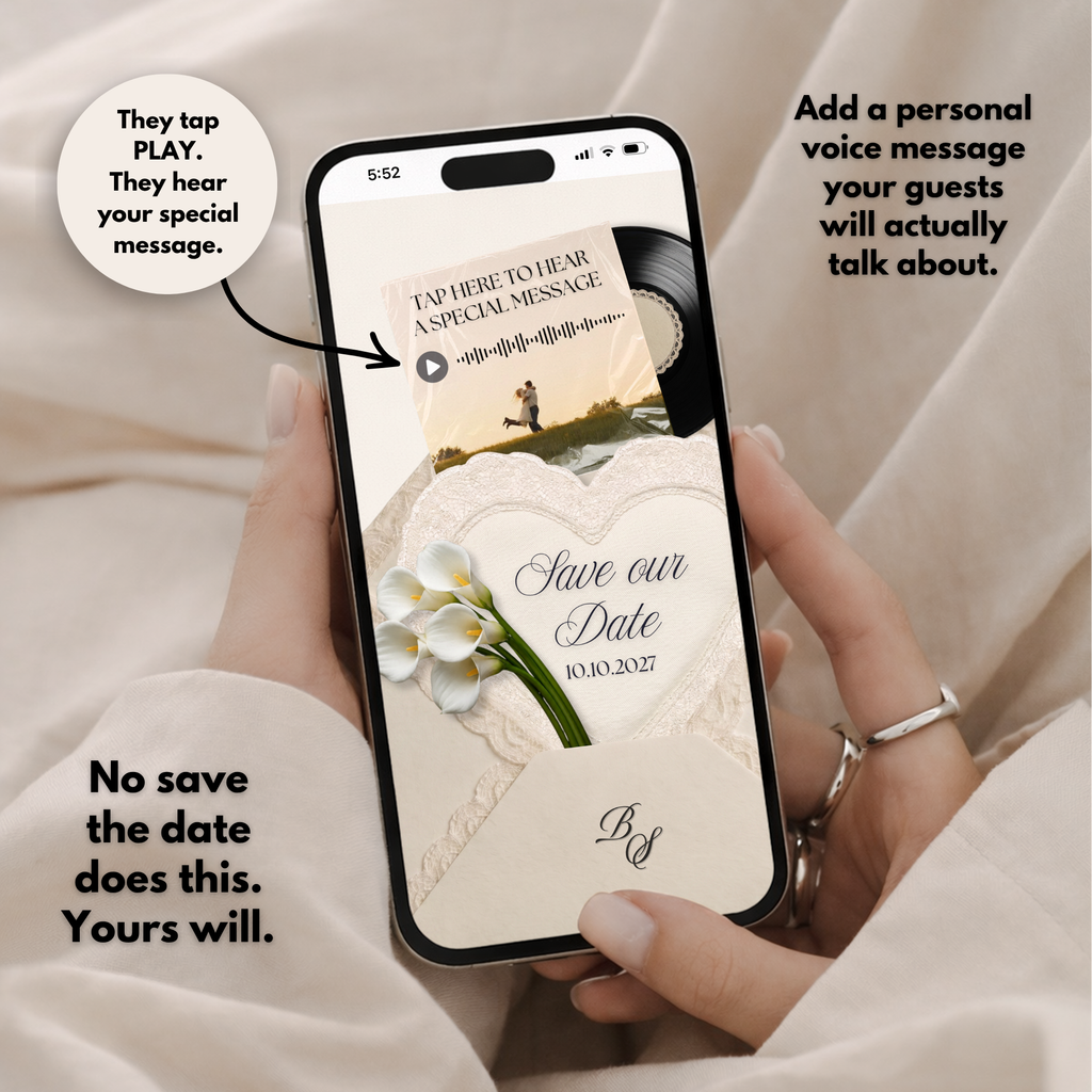 Ivory Black Save the Date Website Template Canva | Digital Wedding Website with Voice Note + RSVP | Lace Envelope