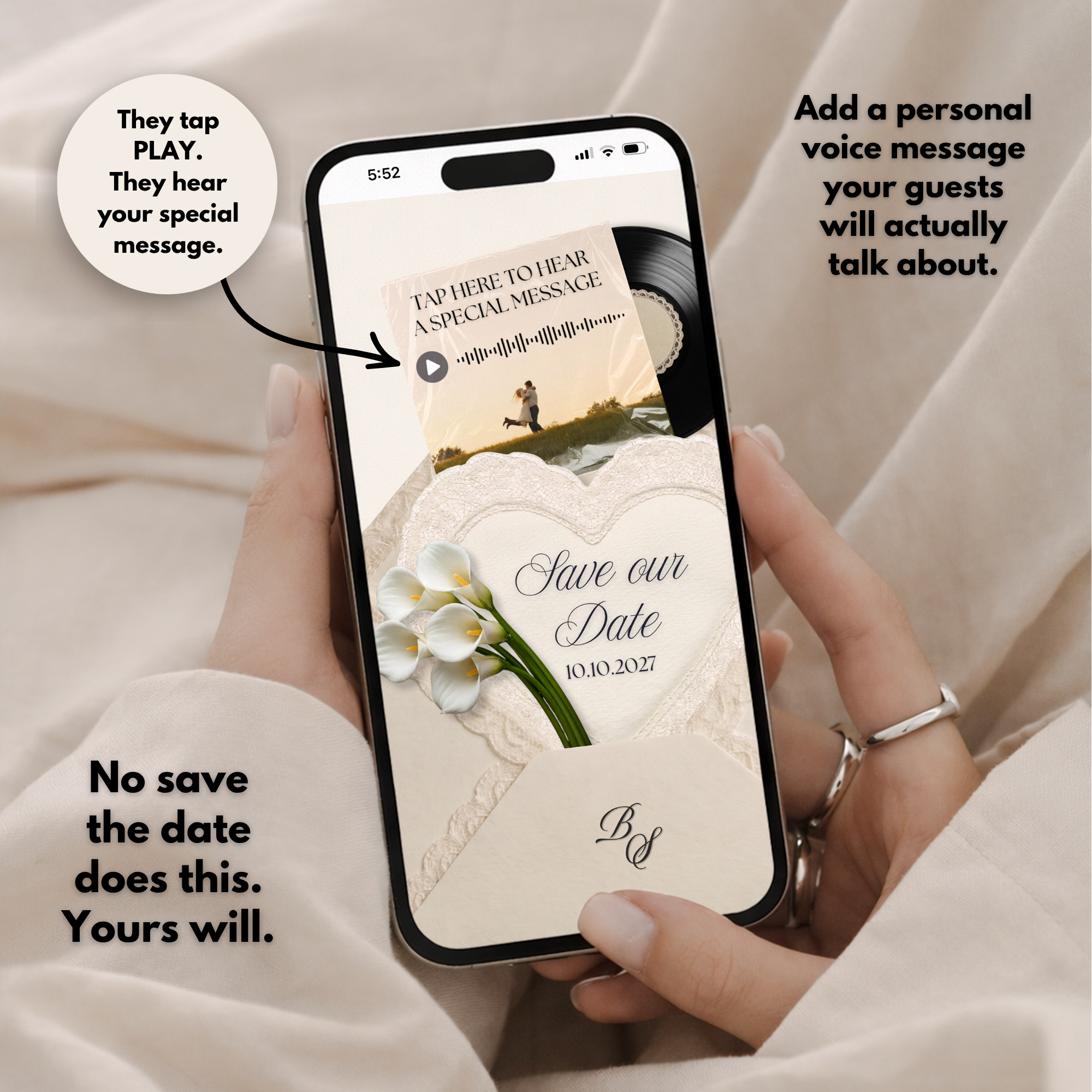 Ivory Black Save the Date Website Template Canva | Digital Wedding Website with Voice Note + RSVP | Lace Envelope