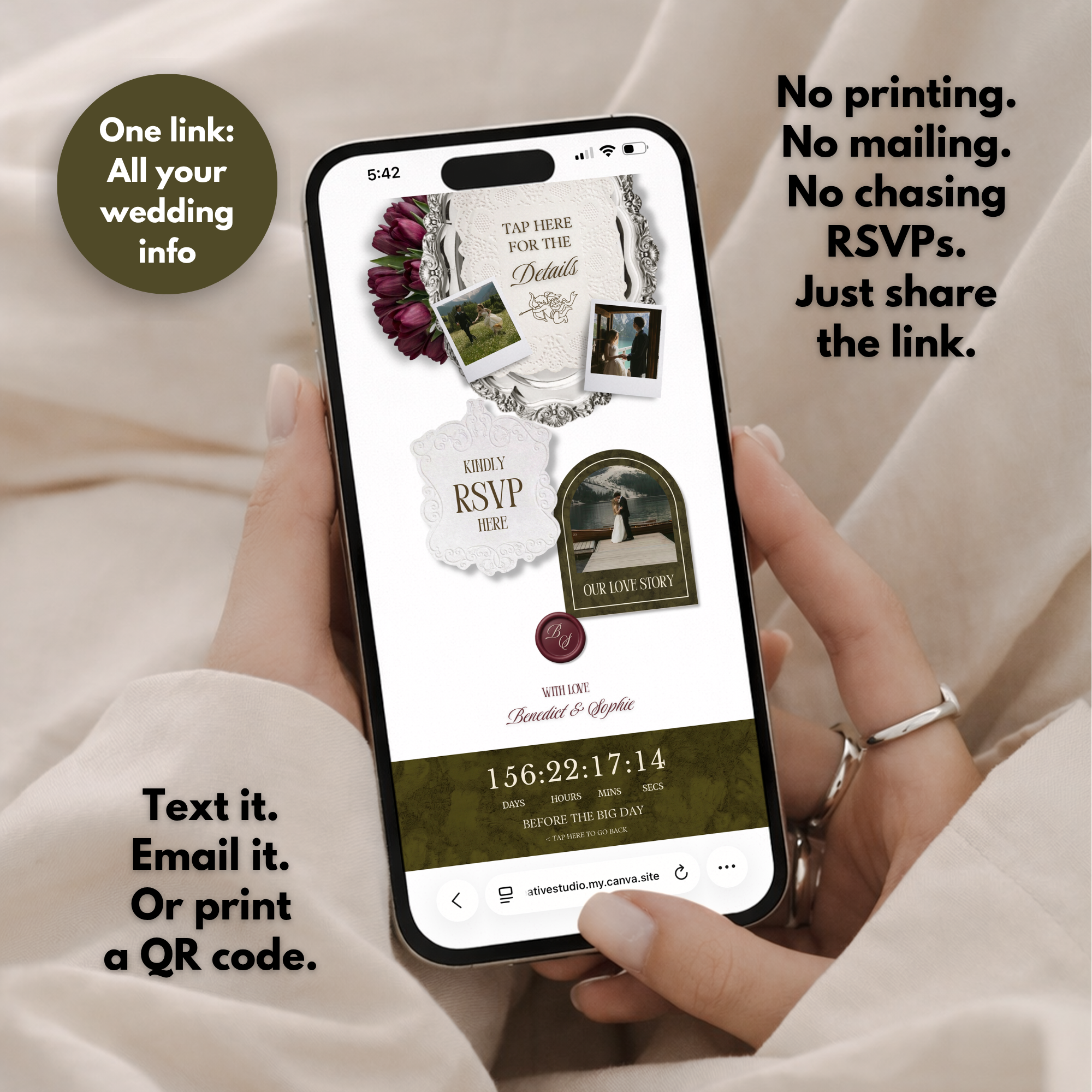 Olive Green Burgundy Floral Wedding Website Template with RSVP | Canva Web Template | Old Money Digital Invitation & Save the Date