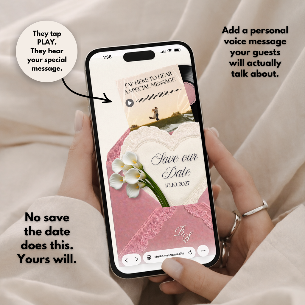 Dusty Pink Save the Date Website Template Canva | Digital Wedding Website with Voice Note + RSVP | Lace Envelope