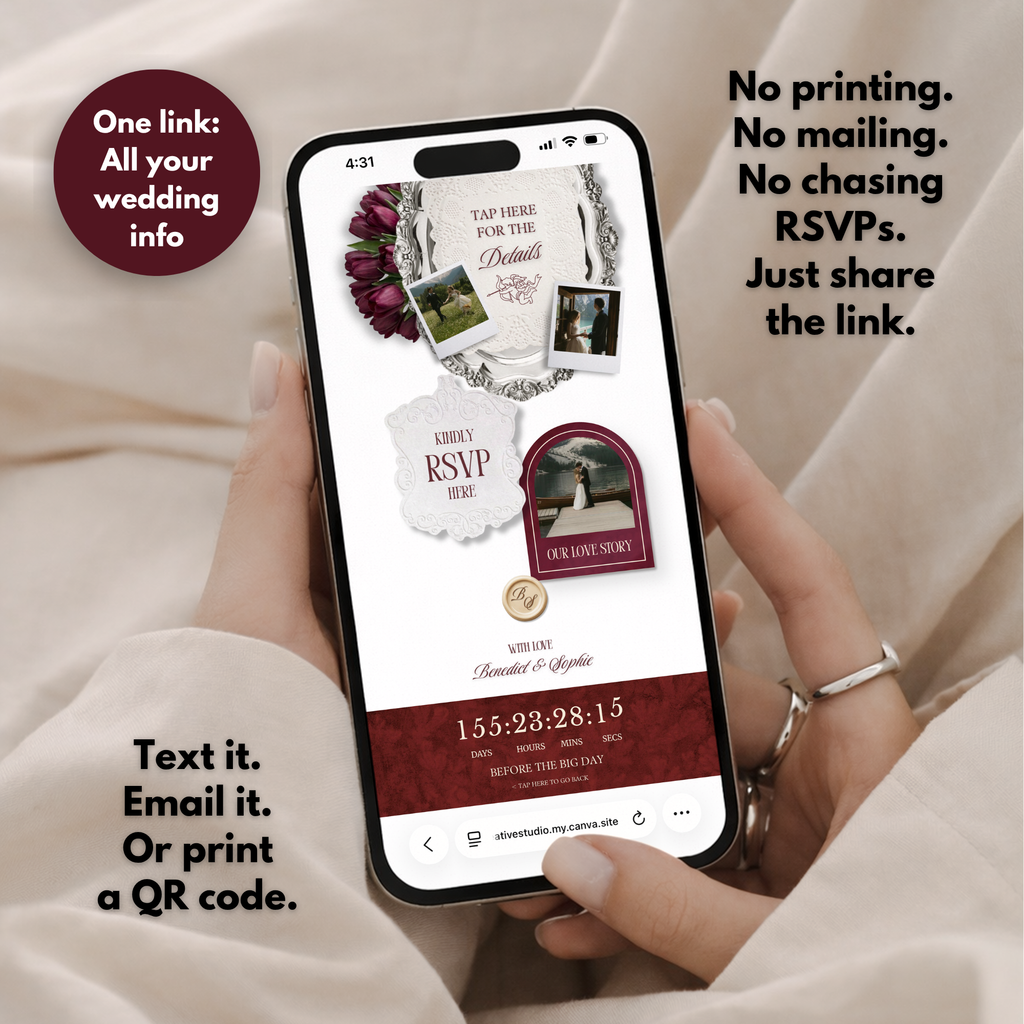 Burgundy Ivory Floral Wedding Website Template with RSVP | Canva Web Template | Old Money Digital Invitation & Save the Date