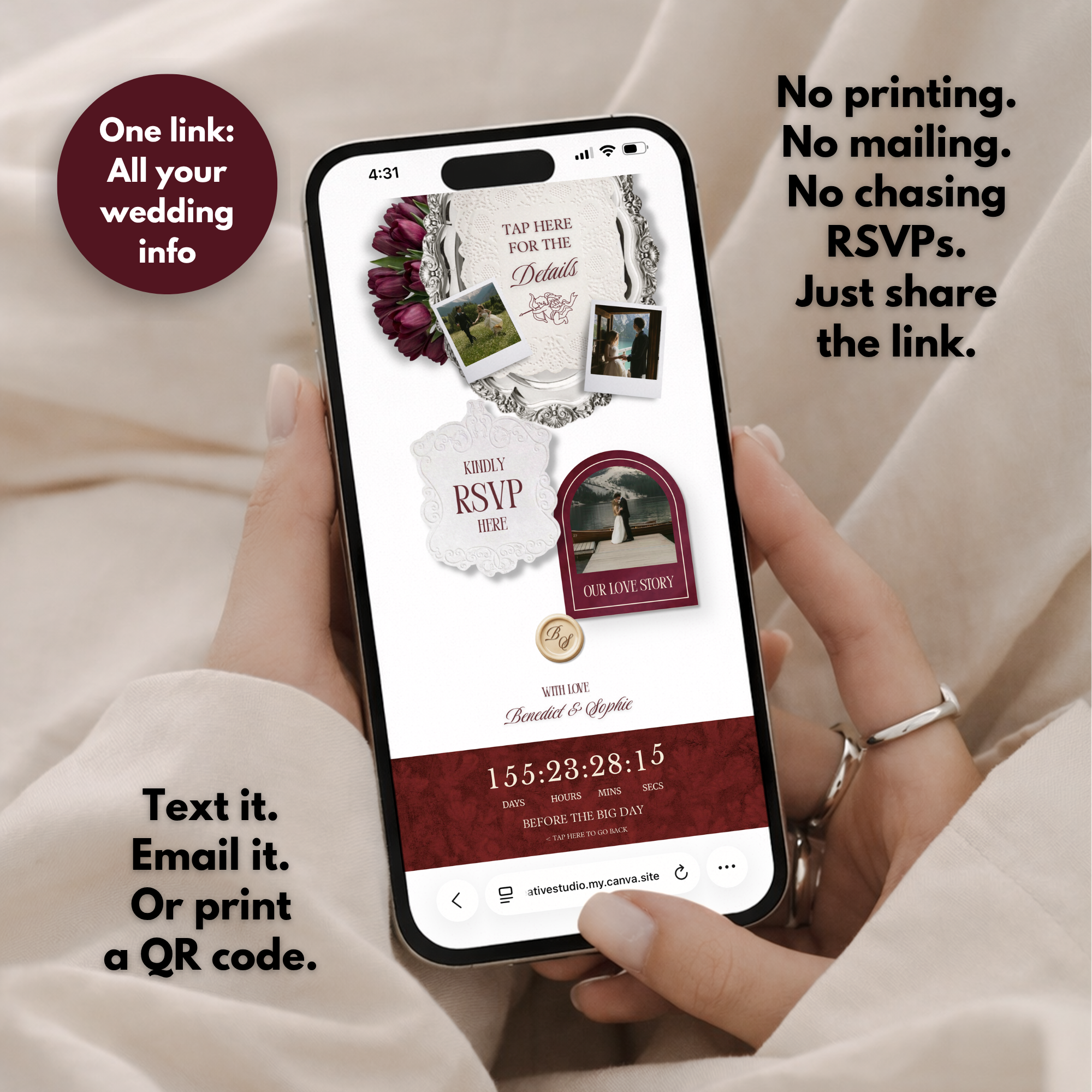 Burgundy Ivory Floral Wedding Website Template with RSVP | Canva Web Template | Old Money Digital Invitation & Save the Date