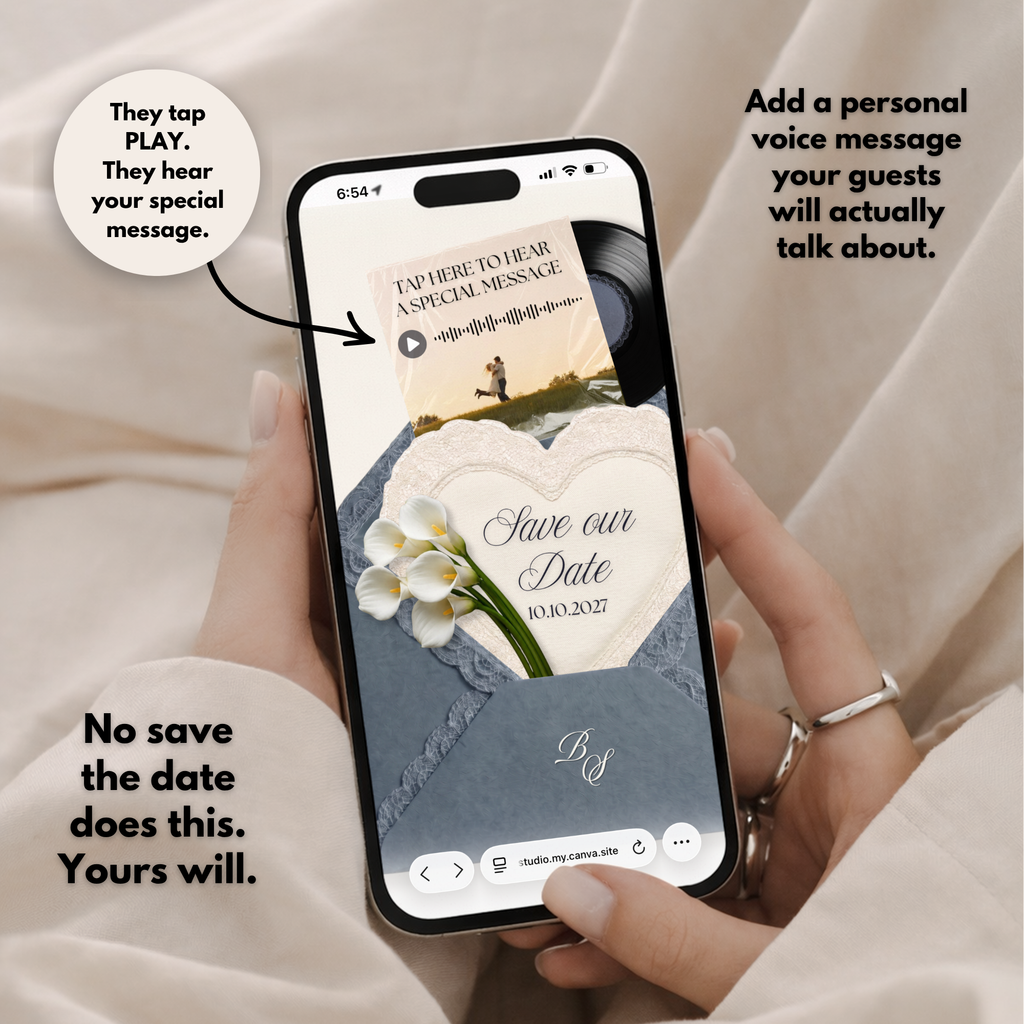Dusty Blue Save the Date Website Template Canva | Digital Wedding Website with Voice Note + RSVP | Lace Envelope