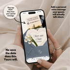 Plantilla para sitio web "Guarda la fecha" azul empolvado Canva | Sitio web de boda digital con nota de voz y confirmación de asistencia | Sobre de encaje