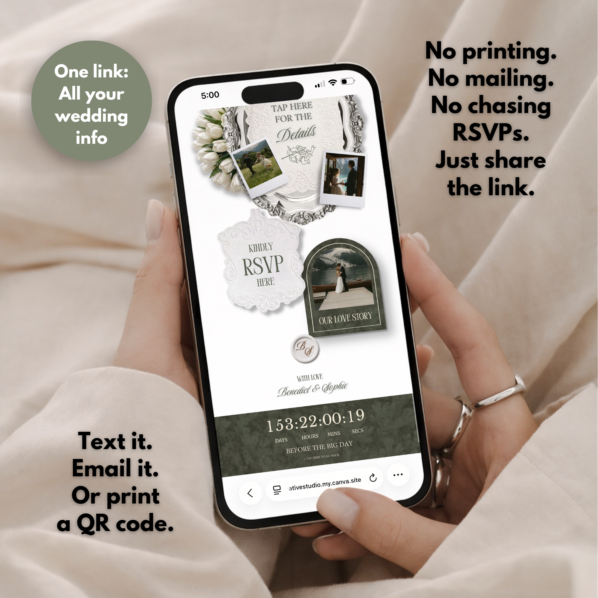 Sage Green White Floral Wedding Website Template with RSVP | Editable Canva Web Template | Old Money Digital Invitation & Save the Date
