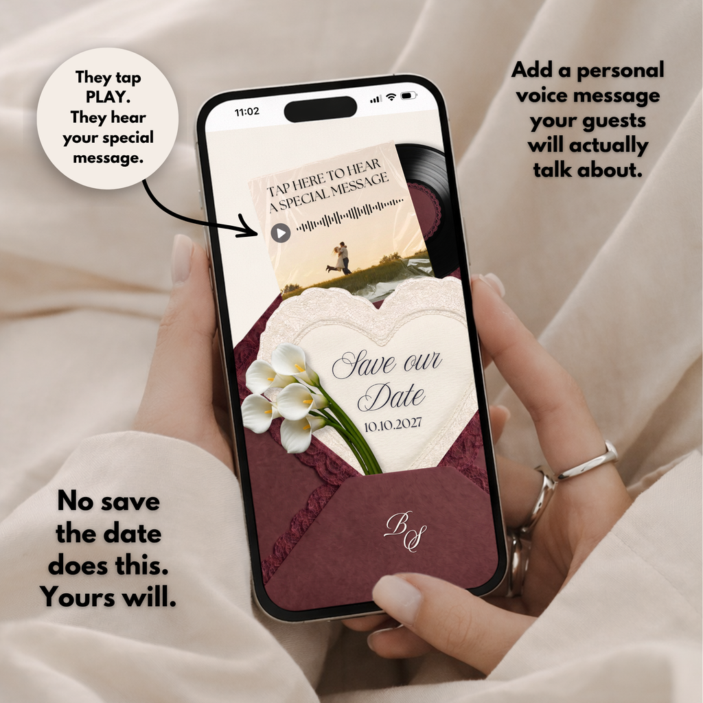 Burgundy Ivory Save the Date Website Template Canva | Digital Wedding Website with Voice Note + RSVP | Lace Envelope