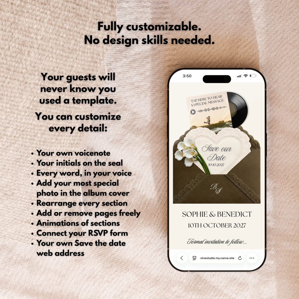 Olive Green & Burgundy Save the Date Website Template Canva | Digital Wedding Website with Voice Note + RSVP | Lace Envelope