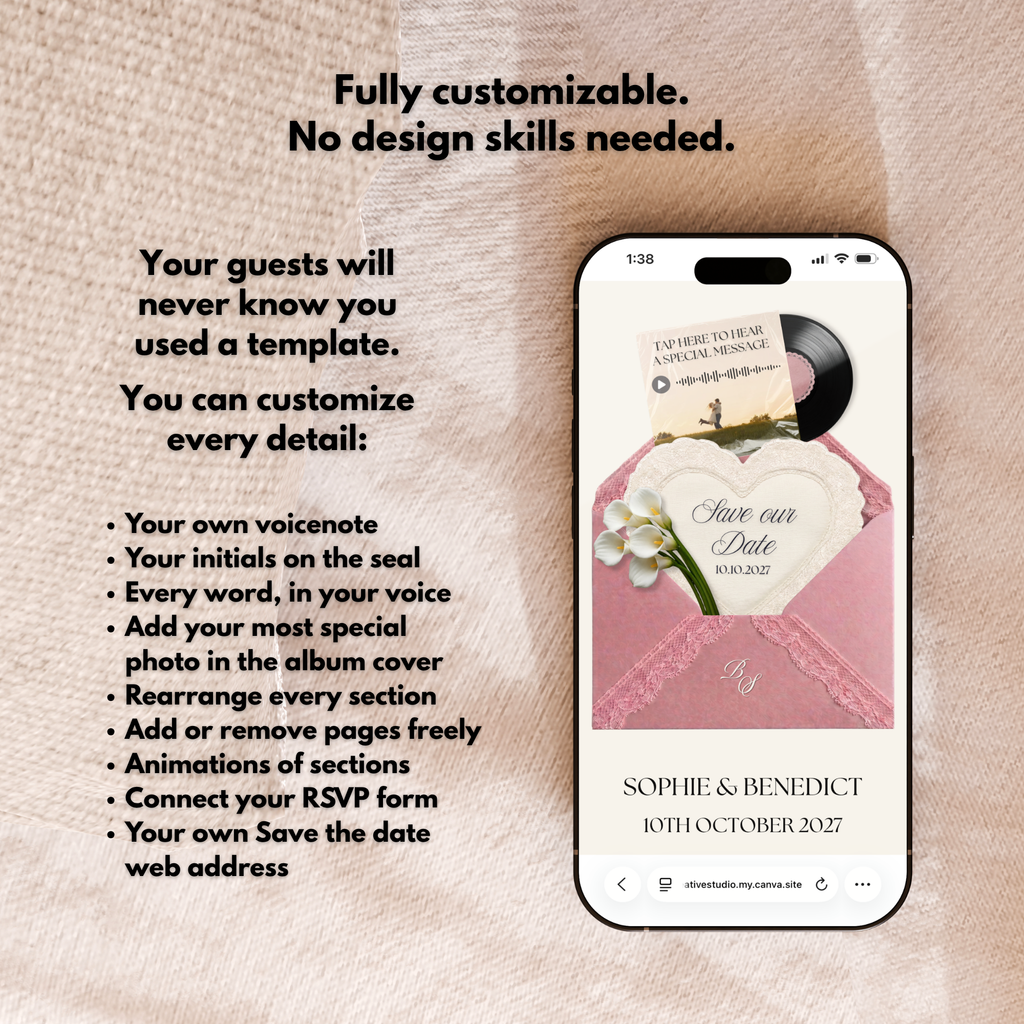 Dusty Pink Save the Date Website Template Canva | Digital Wedding Website with Voice Note + RSVP | Lace Envelope