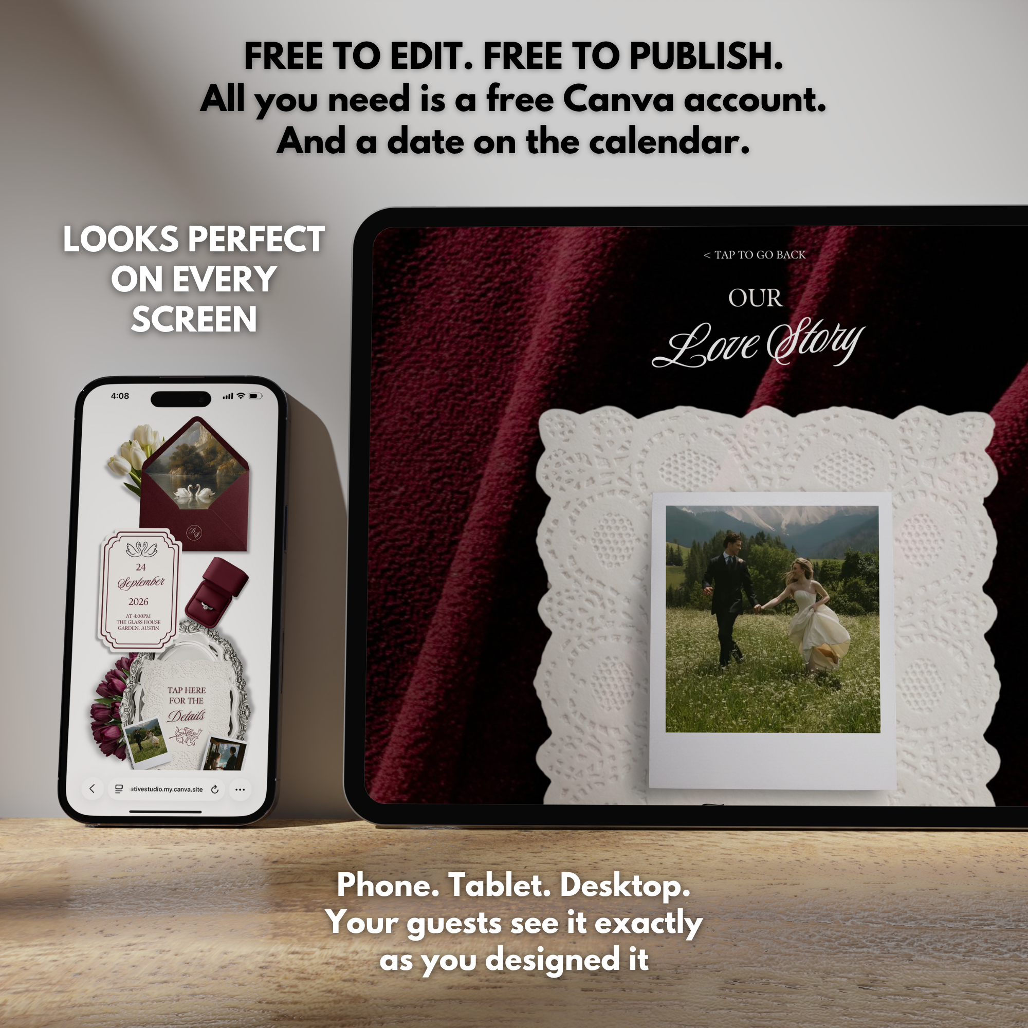 Burgundy Ivory Floral Wedding Website Template with RSVP | Canva Web Template | Old Money Digital Invitation & Save the Date