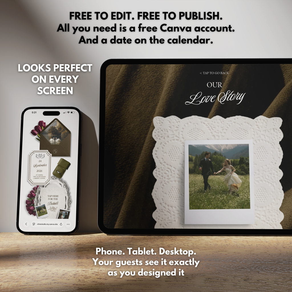 Olive Green Burgundy Floral Wedding Website Template with RSVP | Canva Web Template | Old Money Digital Invitation & Save the Date
