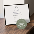 Plantilla de página web para guardar la fecha en Canva color Negro Marfil | Página web digital de boda con nota de voz + confirmación de asistencia | Sobre de encaje